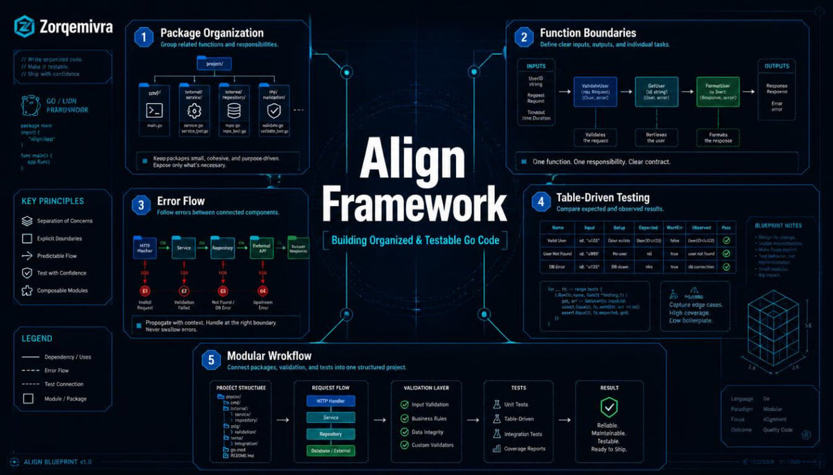 A dark navy technical infographic titled 'Align Framework' with multiple numbered panels about package organization, function boundaries, error flow, table-driven testing, and modular workflow. The design uses glowing blue lines, small green and red accents, and a visible Zorqemiva logo in the top-left corner.