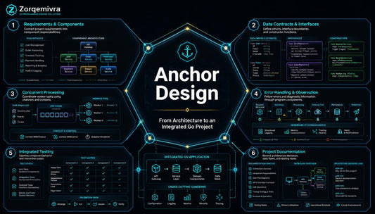 A dark digital presentation slide titled 'Anchor Design' with a central hexagon and six surrounding panels detailing software development phases such as requirements, data contracts, concurrent processing, error handling, integrated testing, and project documentation. The Zorqemira brand name is visible in the top left.