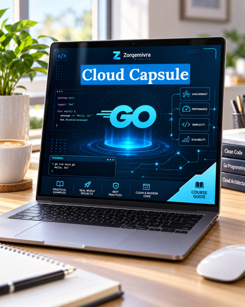 A laptop on a wooden desk displaying a digital course interface titled 'Cloud Capsule' with a glowing blue 'GO' graphic. The laptop is surrounded by office items including a plant, a coffee cup, a notebook, and a mouse in a bright, modern workspace.