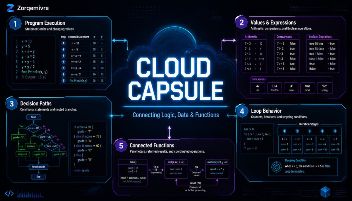An infographic-style digital poster titled 'CLOUD CAPSULE' with five labeled sections about programming concepts: Program Execution, Values & Expressions, Decision Paths, Loop Behavior, and Connected Functions. The design uses a dark navy/black background with glowing blue and purple interface panels and white text.