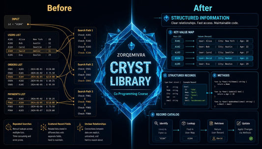 A promotional graphic for the 'Zorqemivra CRYST LIBRARY' Go Programming course, showing a dark blue and black background with glowing blue geometric elements. The left side is labeled 'Before' and shows a messy, unstructured database layout with tables like 'Users List', 'Orders List', and 'Search Path'.