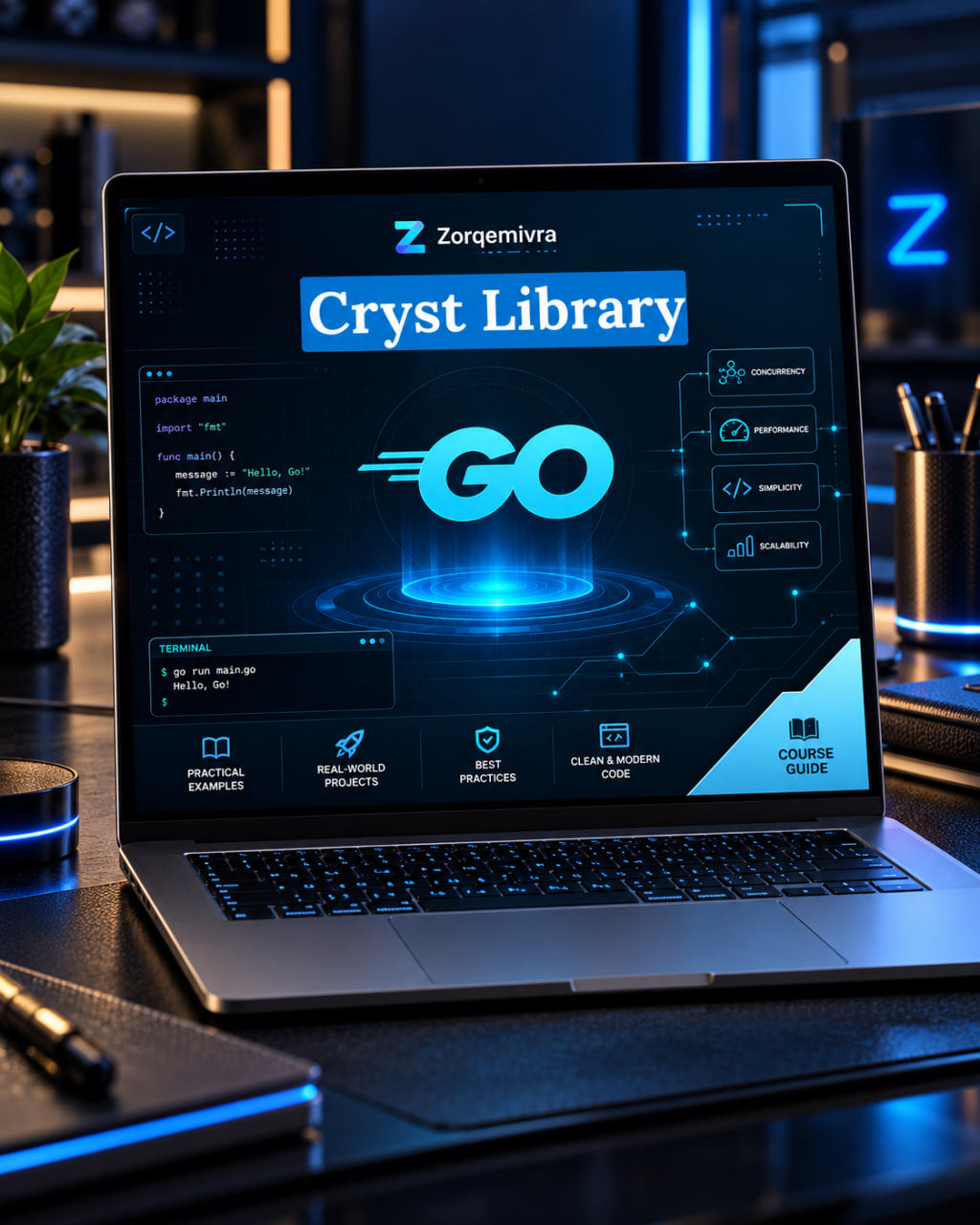 A laptop on a desk displaying a futuristic digital interface titled 'Zorqemivra Cryst Library' with glowing blue graphics and course module icons. The scene is set in a dimly lit workspace with blue ambient lighting, a plant, and stationery in the background.