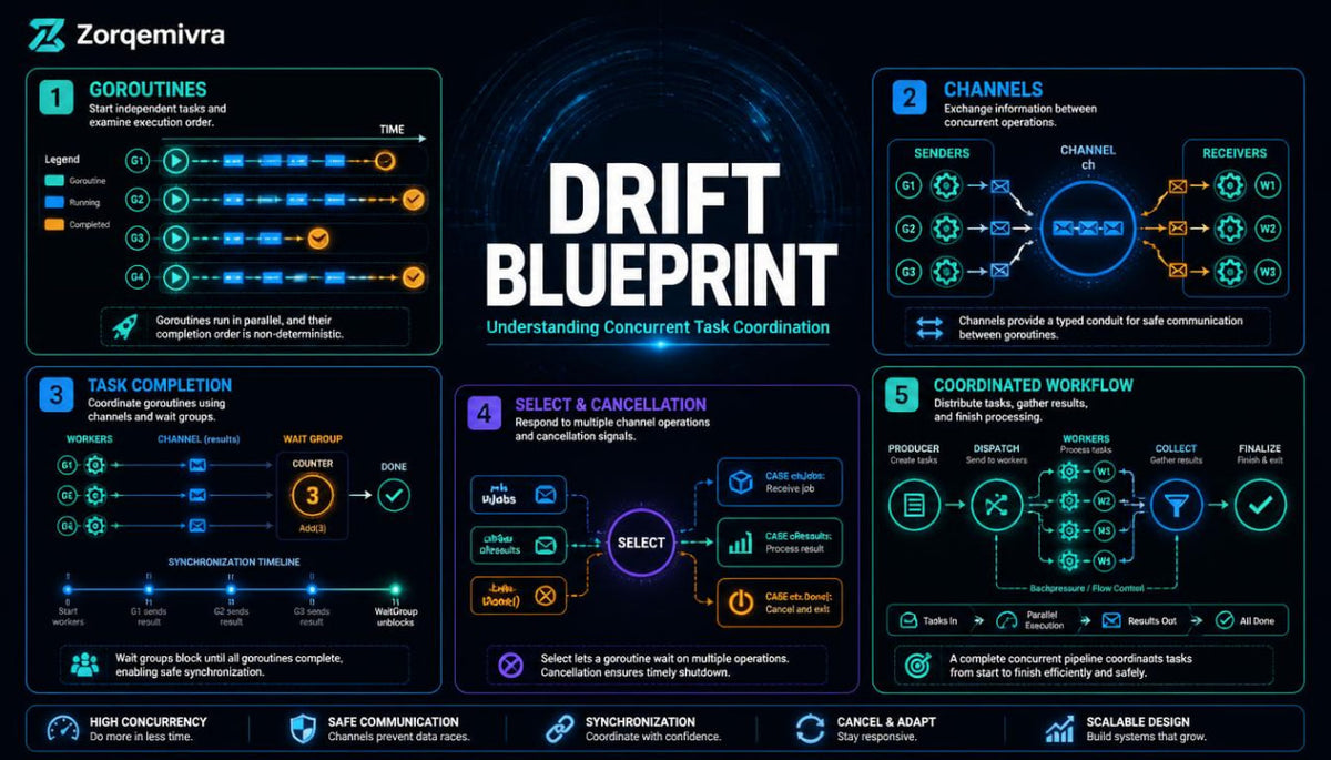 An infographic poster titled 'DRIFT BLUEPRINT' by Zorqemivra, explaining concurrent task coordination with five numbered sections: guardrails, channels, task completion, select and cancellation, and coordinated workflow. The design uses a dark blue and black background with glowing cyan, orange, and yellow diagram elements.