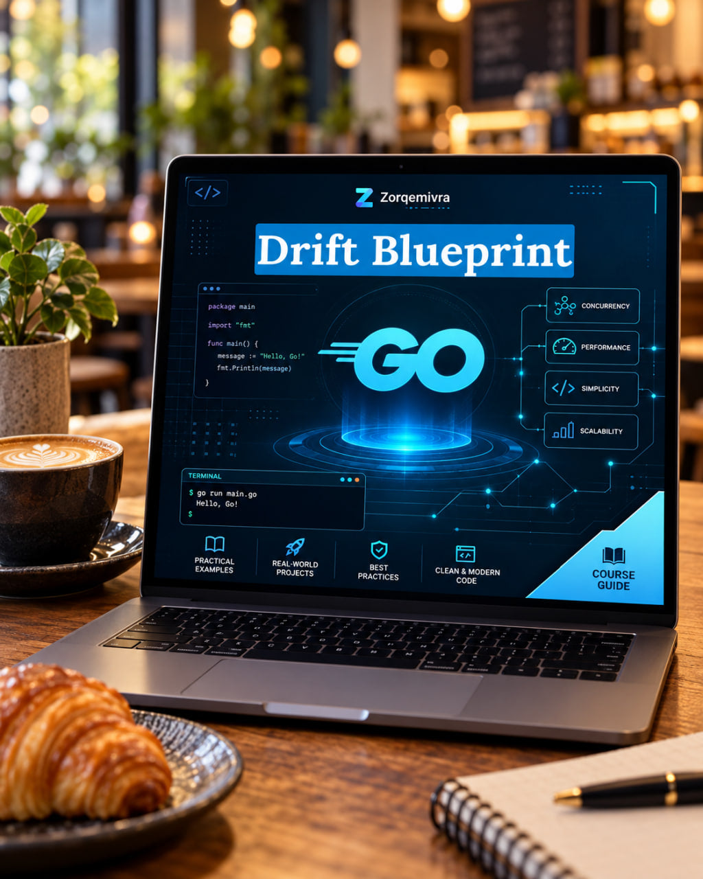 A laptop on a wooden table in a cafe setting, displaying a digital course interface titled 'Drift Blueprint' on the screen. A croissant is on a plate to the left, and a notebook with a pen is on the right.
