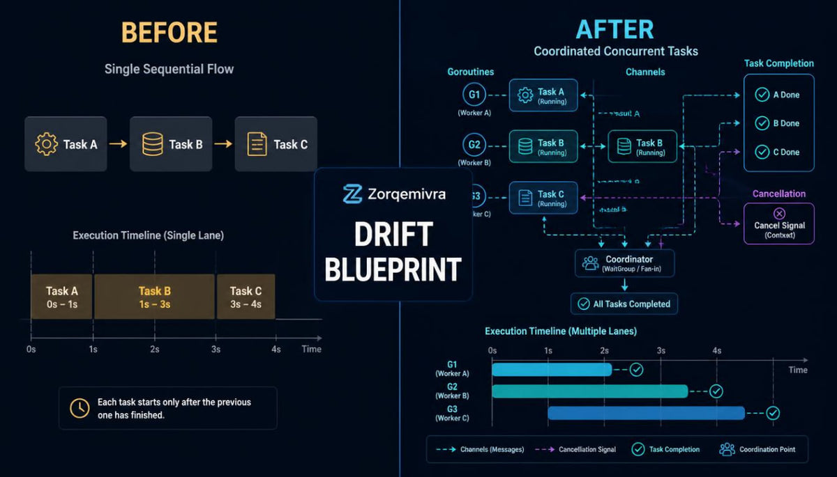 A dark-themed infographic titled 'BEFORE' and 'AFTER' comparing a single sequential flow to a coordinated concurrent task workflow. The central label reads 'Zorqemivra DRIFT BLUEPRINT,' with additional flowcharts, goroutines, channels, and execution timeline graphs on a black background.
