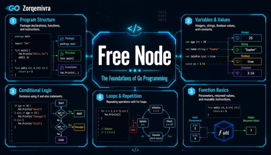 An educational infographic titled 'Free Node: The Foundations of Go Programming' by Zorqemivra, displaying six dark blue panels with glowing cyan borders and text explaining Go programming concepts like program structure, variables, conditional logic, loops, and function basics.