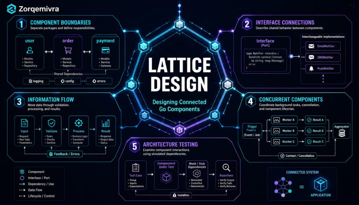 An infographic titled 'LATTICE DESIGN' on a dark blue background, showing five numbered sections with diagrams and text about component boundaries, interface connections, information flow, concurrent components, and architecture testing. The Zorgeriva brand name appears in the top-left corner.