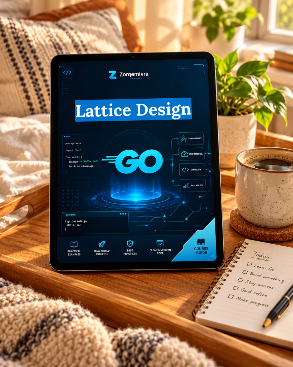A tablet device displaying a digital course or guide titled "Lattice Design" with a glowing blue interface, styled on a wooden tray in a cozy bedroom setting next to a plant, coffee mug, and notebook.