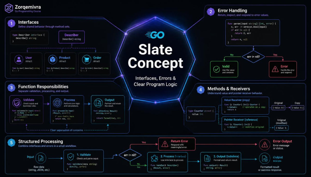 A dark-themed educational infographic titled 'Slate Concept Interfaces, Errors & Clear Program Logic' with the GO Stack logo. The diagram is divided into five numbered sections (1-5) detailing software design concepts like interfaces, error handling, function responsibilities, methods and receivers, and structured processing, connected by flow lines on a black background.