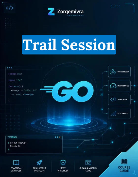 Digital cover graphic for a 'Trail Session' course by Zorqemivra, featuring a dark blue and black theme with a glowing blue 'GO' logo, terminal code snippets, and feature icons for concurrency, performance, simplicity, and scalability.