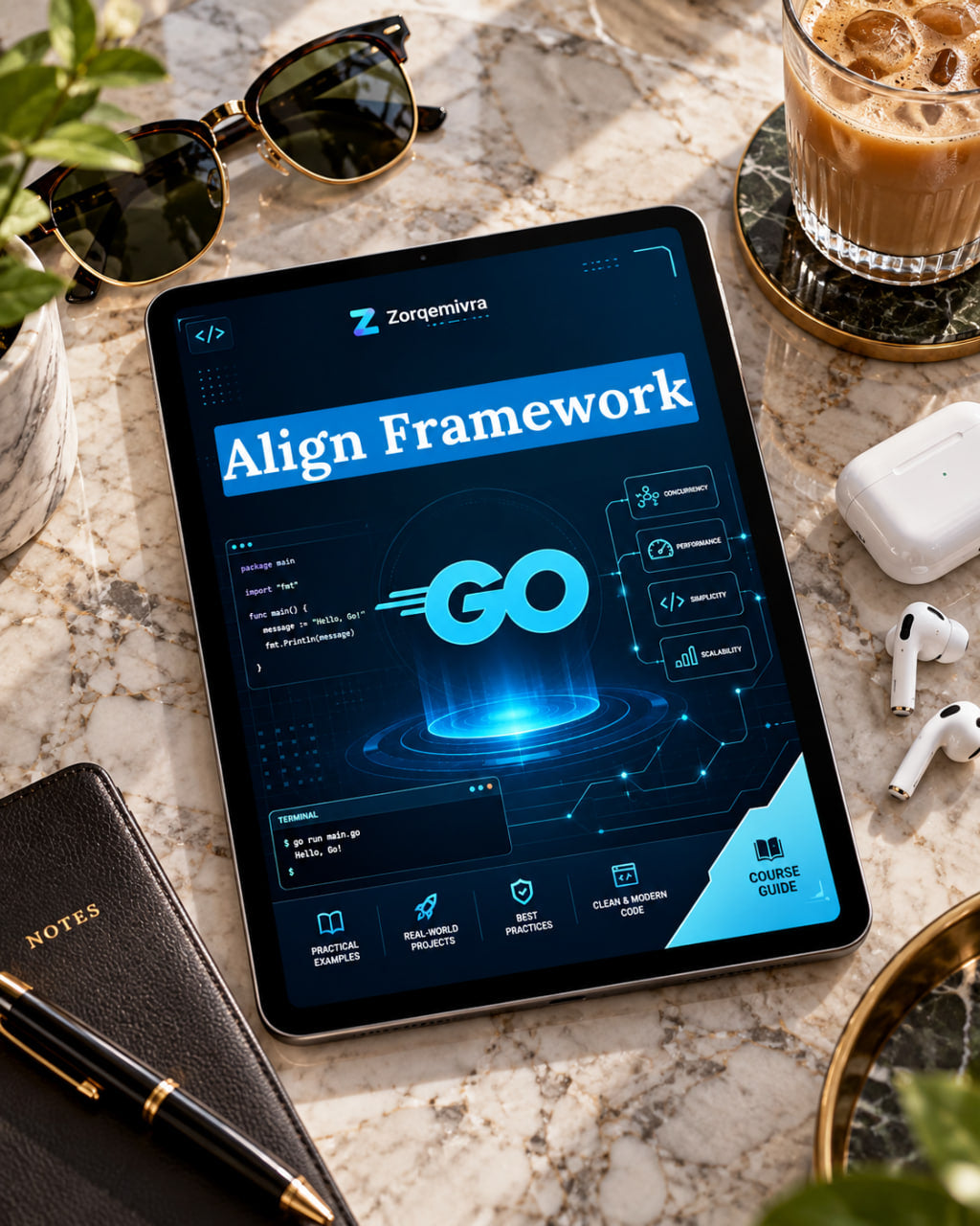 A tablet on a marble desk showing a digital course or guide titled 'Align Framework' by Zorqemivra. The scene is styled with sunglasses, a coffee cup, earbuds, a notebook, and a pen in a modern office setting.
