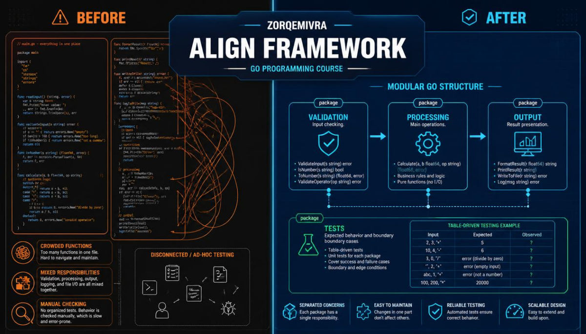 An infographic poster titled 'ALIGN FRAMEWORK GO PROGRAMMING COURSE' by Zorqemivra, comparing 'BEFORE' and 'AFTER' states of Go programming with a modular structure, code snippets, and diagrams on a dark background.