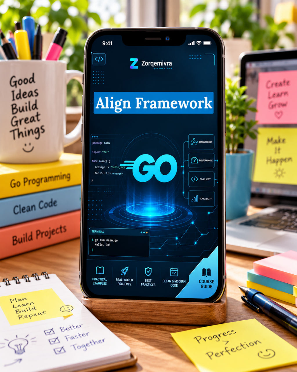 A smartphone on a desk shows a digital course or app interface titled "Align Framework" by Zorqemivra. The phone is surrounded by office props including sticky notes, a pen, a mug, books, and another laptop in a real indoor setting.