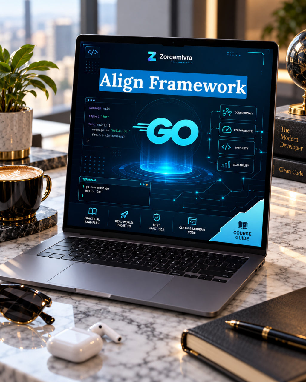 An open laptop on a marble desk displaying a software setup guide titled 'Align Framework' by Zorqemivra. The scene is styled with a coffee cup, sunglasses, white earbuds, a notebook with a pen, and books in a bright office environment.