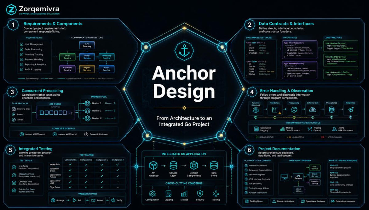 A dark digital presentation slide titled 'Anchor Design' with a central hexagon and six surrounding panels detailing software development phases such as requirements, data contracts, concurrent processing, error handling, integrated testing, and project documentation. The Zorqemira brand name is visible in the top left.
