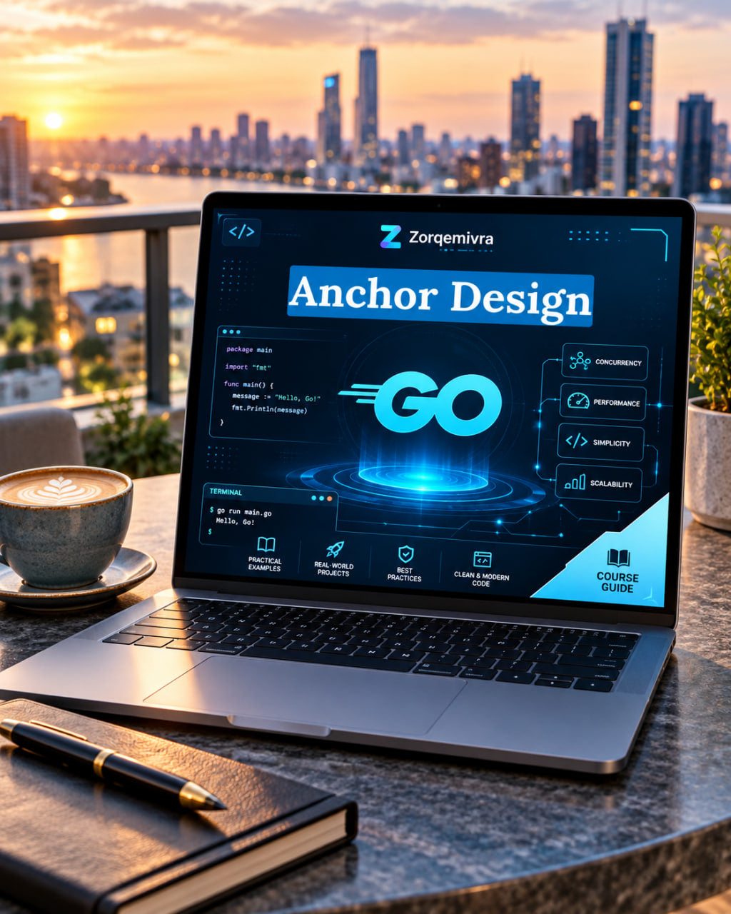 An open laptop on a balcony table displaying a digital course titled 'Anchor Design' by Zorqemivra, with a coffee cup, notebook, and pen in the foreground and a city skyline at sunset in the background.