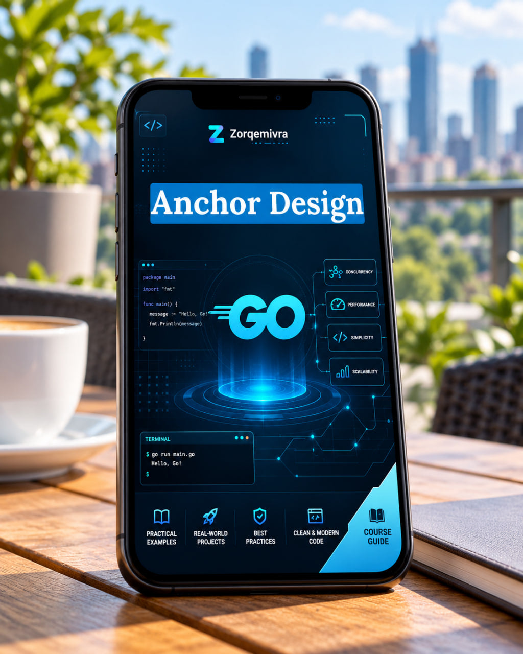 A smartphone lying on a wooden table outdoors, displaying a digital course or app interface titled "Anchor Design" with glowing blue graphics and course modules. The phone is shown in a real environment with a cup, notebook, plants, and a city skyline in the background.