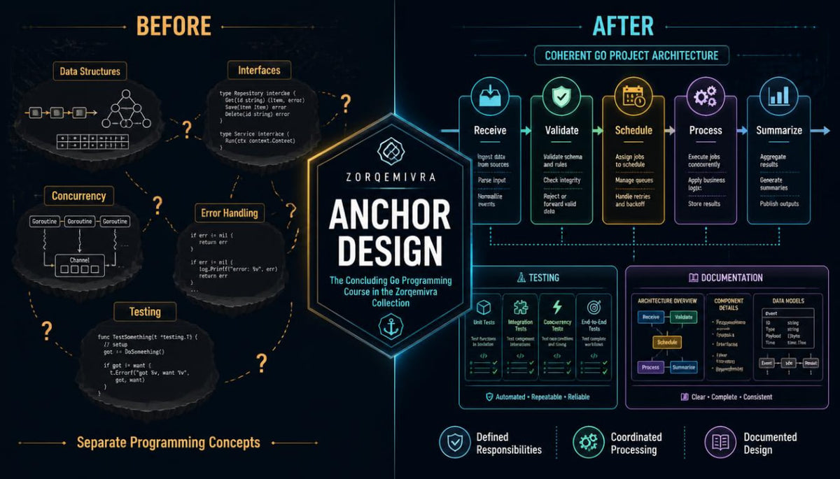A dark promotional infographic comparing 'Before' and 'After' states of software project architecture, with glowing neon-style panels, icons, and text. The center features a large hexagon reading 'Zorqemivra ANCHOR DESIGN,' and the surrounding layout discusses concepts like data structures, concurrency, error handling, and documentation.