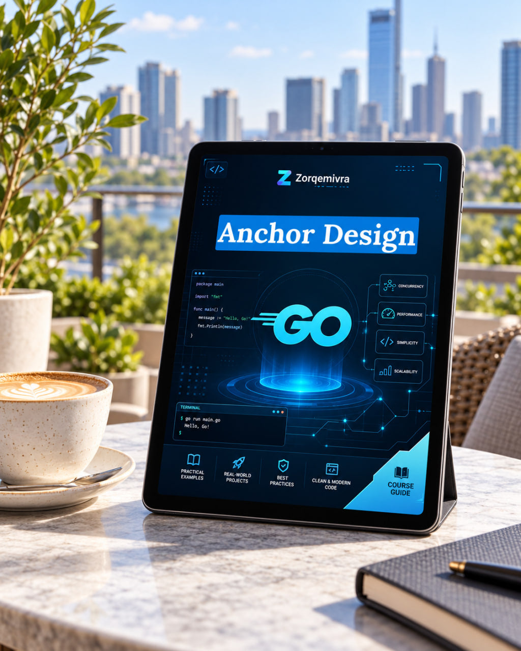 A tablet on a marble table displaying an 'Anchor Design' digital course or app interface, set against a blurred city skyline background with a coffee cup and notebook nearby.
