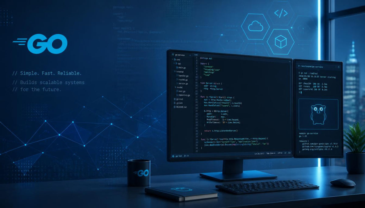 A modern desk setup with two computer monitors displaying dark code interfaces, a keyboard, mouse, and notebook in a dim blue-lit room. A small plant sits on the right, and glowing tech graphics and the word GO appear on the left screen area.