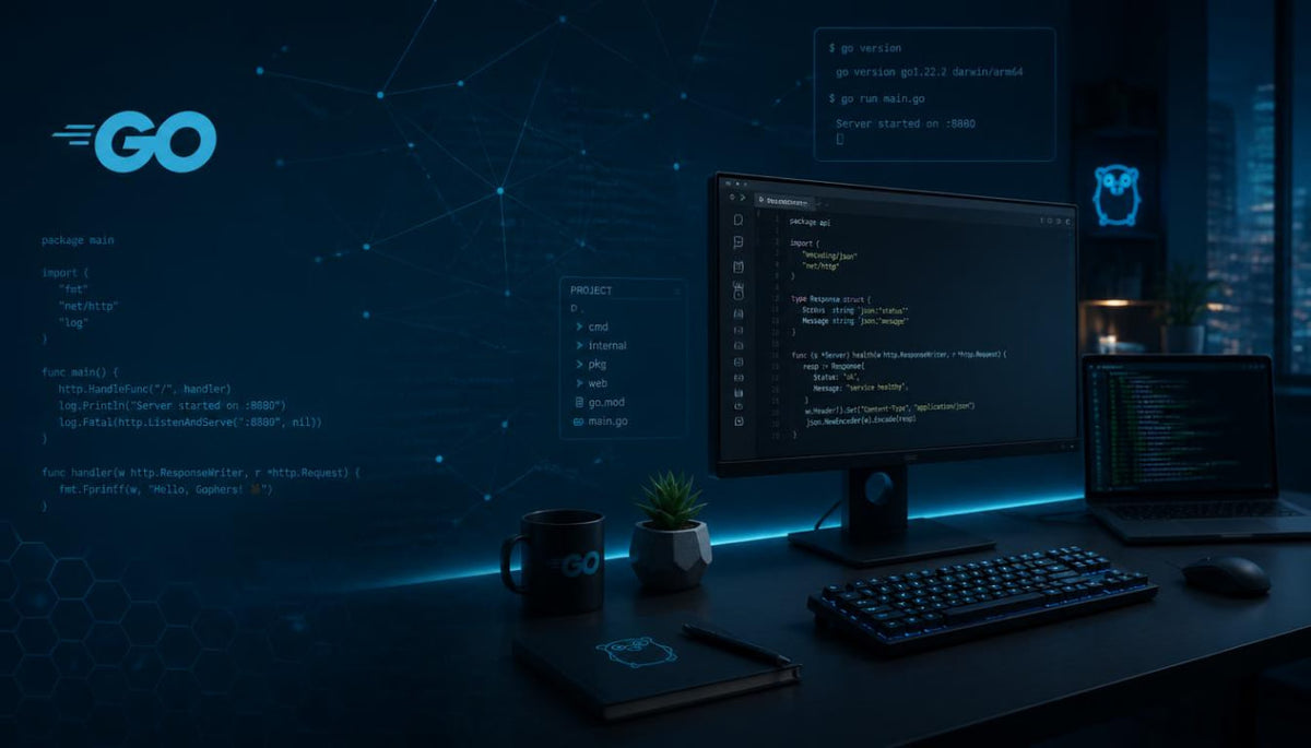 A dark, futuristic coding desk setup with a computer monitor, laptop, keyboard, mouse, mug, and notebook under blue neon lighting. The background features digital code overlays, network graphics, and a glowing 'GO' logo.