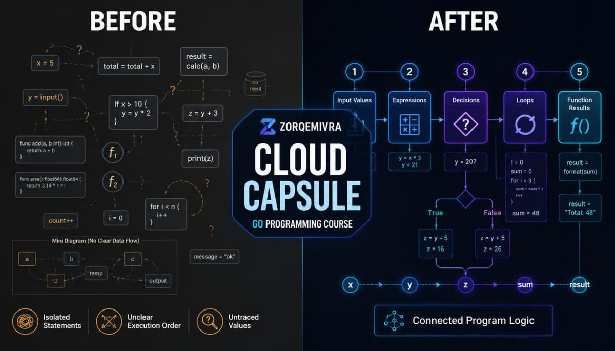 A promotional comparison graphic for a cloud programming course, split into 'BEFORE' and 'AFTER' sections. The left side shows a dark, cluttered flowchart with messy code snippets and notes like 'Isolated Statements' and 'Unclear Execution Order.