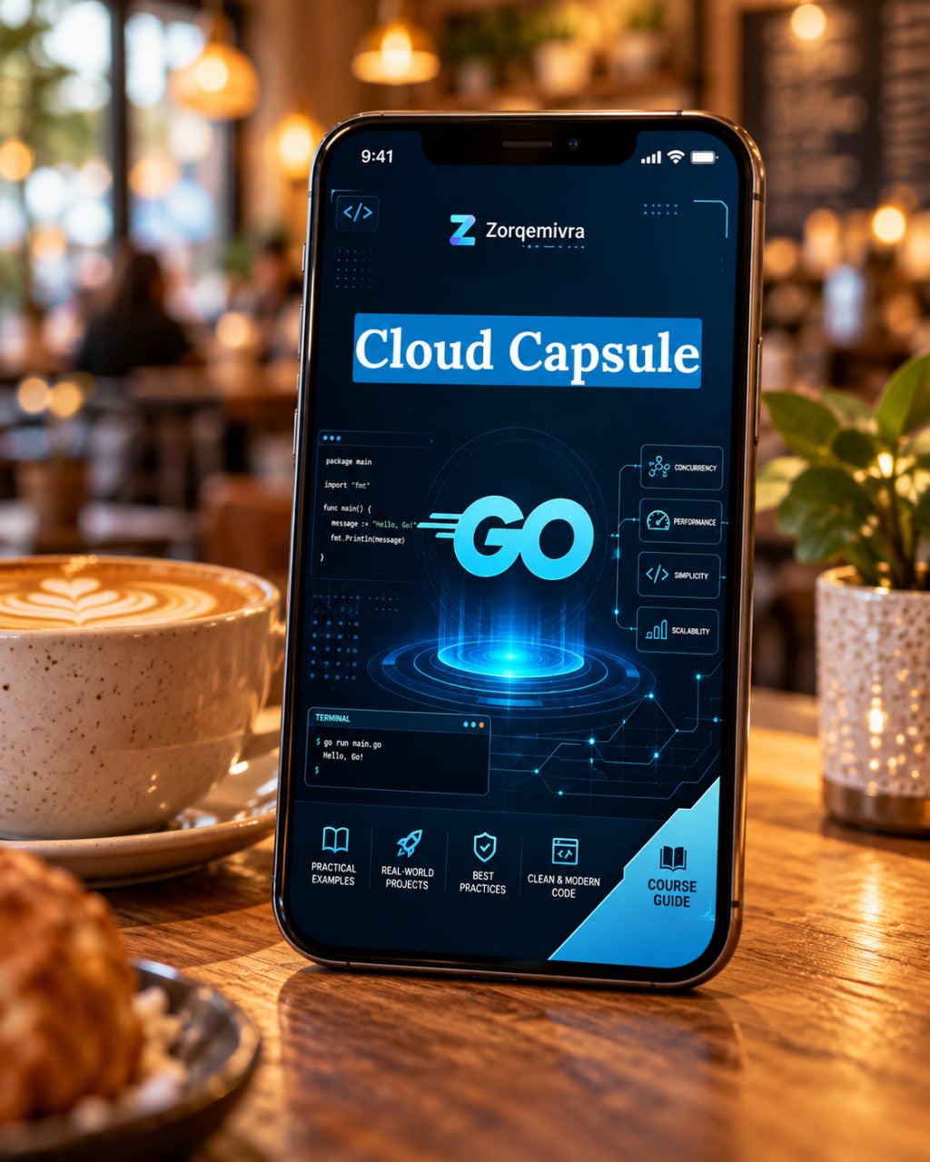 A smartphone standing on a wooden table in a cafe setting, displaying a futuristic app interface titled "Cloud Capsule" with a glowing blue "GO" graphic. A cup of coffee, a pastry, and a potted plant are blurred in the background.