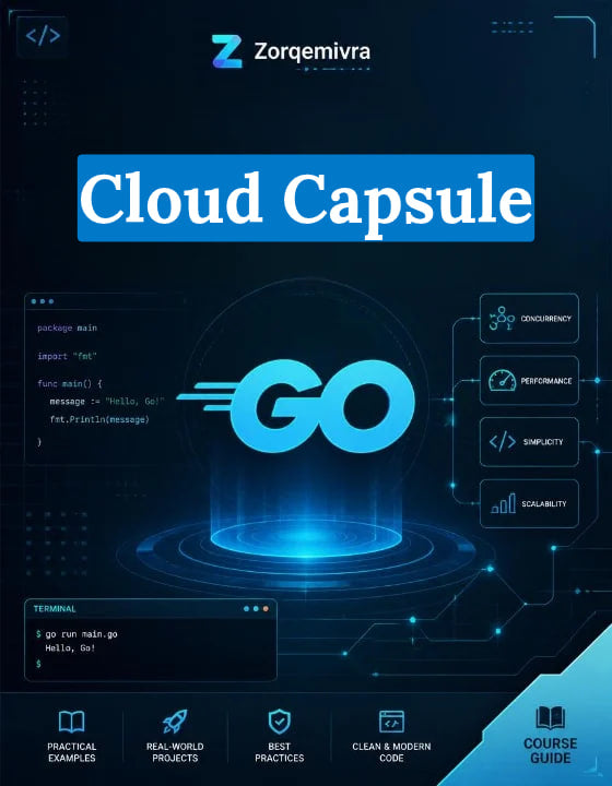 Digital cover graphic for a 'Cloud Capsule' course by Zorqemivra, featuring a dark blue and black futuristic theme with a glowing blue 'GO' logo, code snippets, and course highlights.
