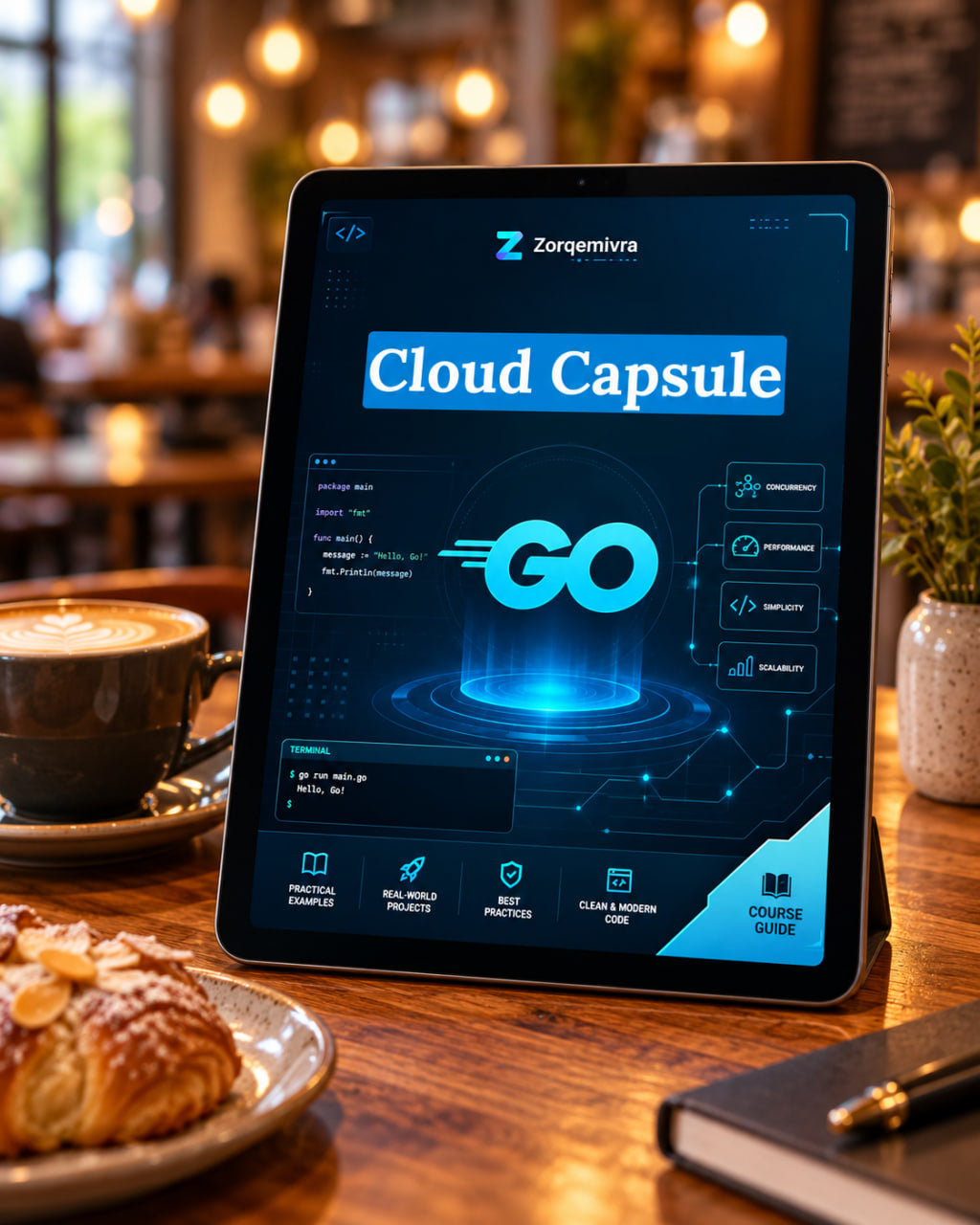 A tablet on a wooden table in a cafe setting, displaying a digital course or app interface titled 'Cloud Capsule' with a glowing blue 'GO' graphic. A coffee cup, pastry, and notebook are visible around it.