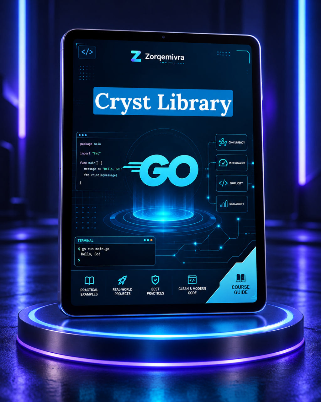 A tablet device displaying a futuristic digital interface titled "Cryst Library" with glowing blue graphics and the word "GO," standing on a circular illuminated platform in a dark blue studio setting.