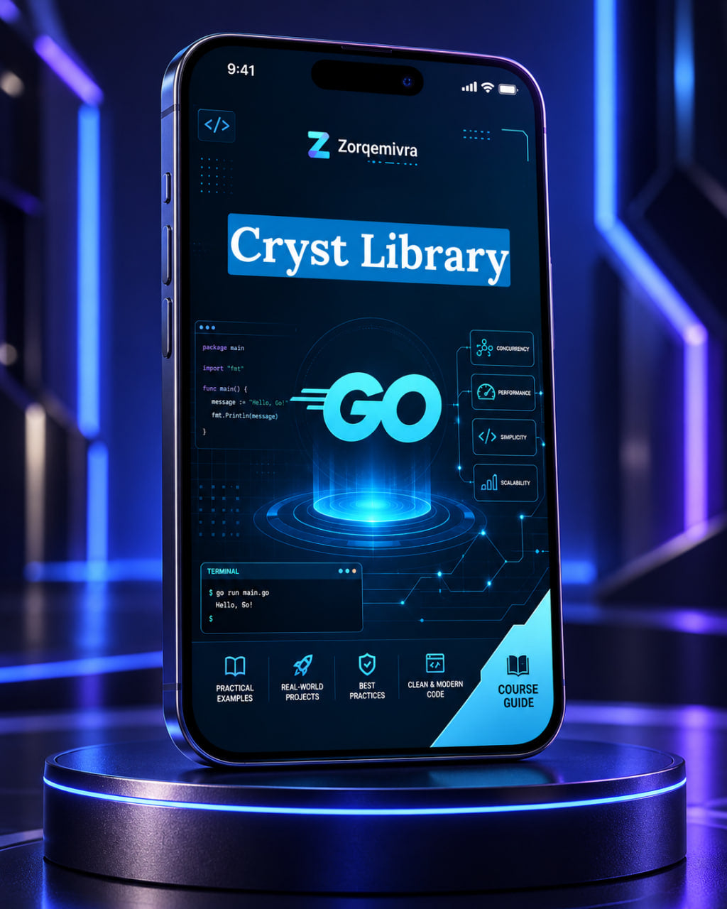 A smartphone displaying a futuristic digital interface titled 'Cryst Library' with glowing blue and cyan graphics, shown standing on a circular illuminated pedestal in a blue-lit environment.