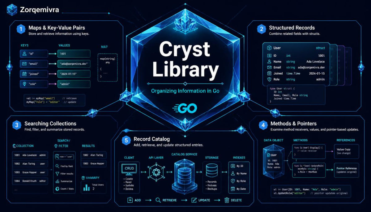 A digital infographic titled 'Cryst Library GO' with a glowing blue hexagonal crystal graphic in the center and four labeled sections around it: 'Maps & Key-Value Pairs,' 'Structured Records,' 'Searching Collections,' and 'Methods & Pointers.' The design uses a dark navy background with bright blue and cyan graphics and text.
