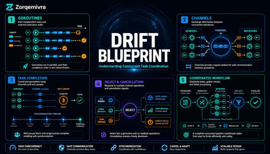 An infographic poster titled 'DRIFT BLUEPRINT' by Zorqemivra, explaining concurrent task coordination with five numbered sections: guardrails, channels, task completion, select and cancellation, and coordinated workflow. The design uses a dark blue and black background with glowing cyan, orange, and yellow diagram elements.