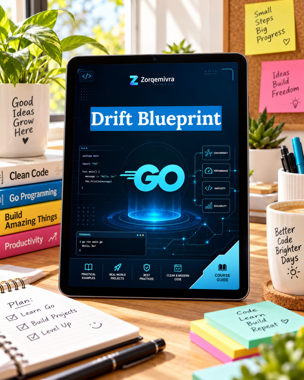 A tablet on a desk showing a digital course or document titled "Drift Blueprint" with a glowing blue "GO" graphic. The scene is a styled workspace with sticky notes, books, plants, and pens around it.