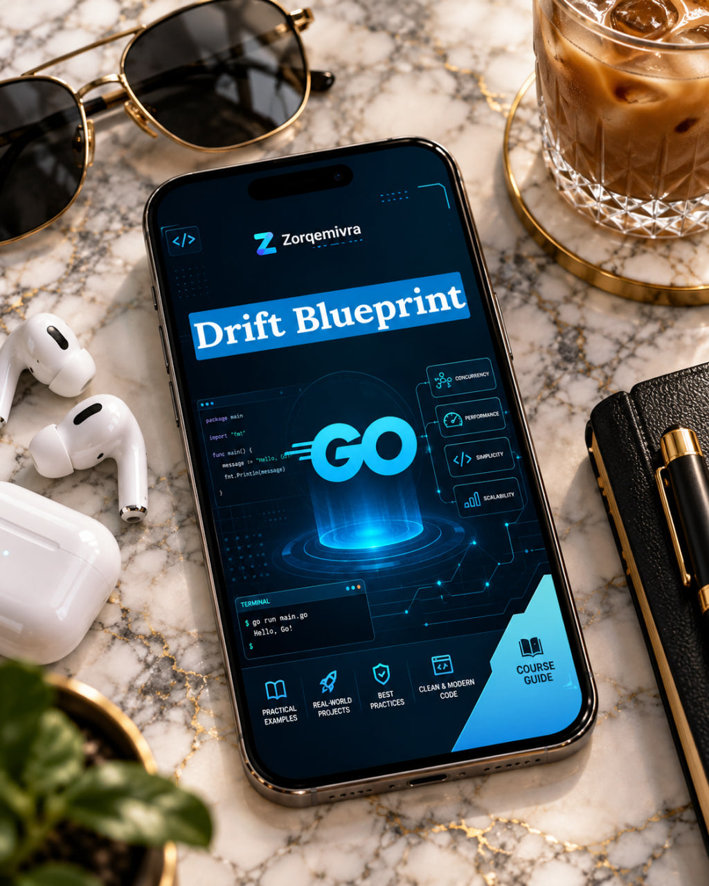 A smartphone lying on a marble surface displays a digital course or app interface titled "Drift Blueprint" with blue and black graphics. Surrounding props include sunglasses, white earbuds, an iced coffee in a glass, a notebook with a pen, and a small plant.