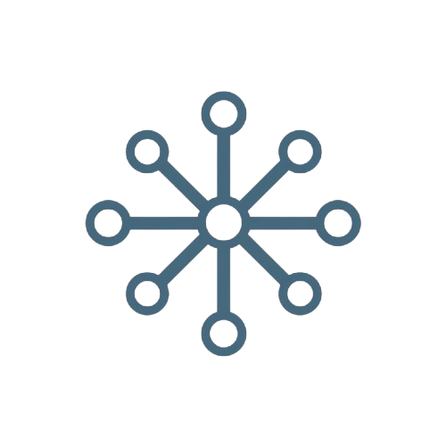 A dark slate blue line icon depicting a central hub with eight radiating lines and circular nodes, shown on a solid white background.