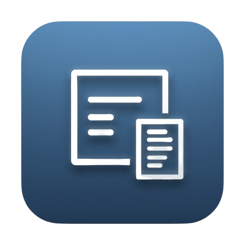 A blue rounded square icon with white document symbols, shown on a light gray background.