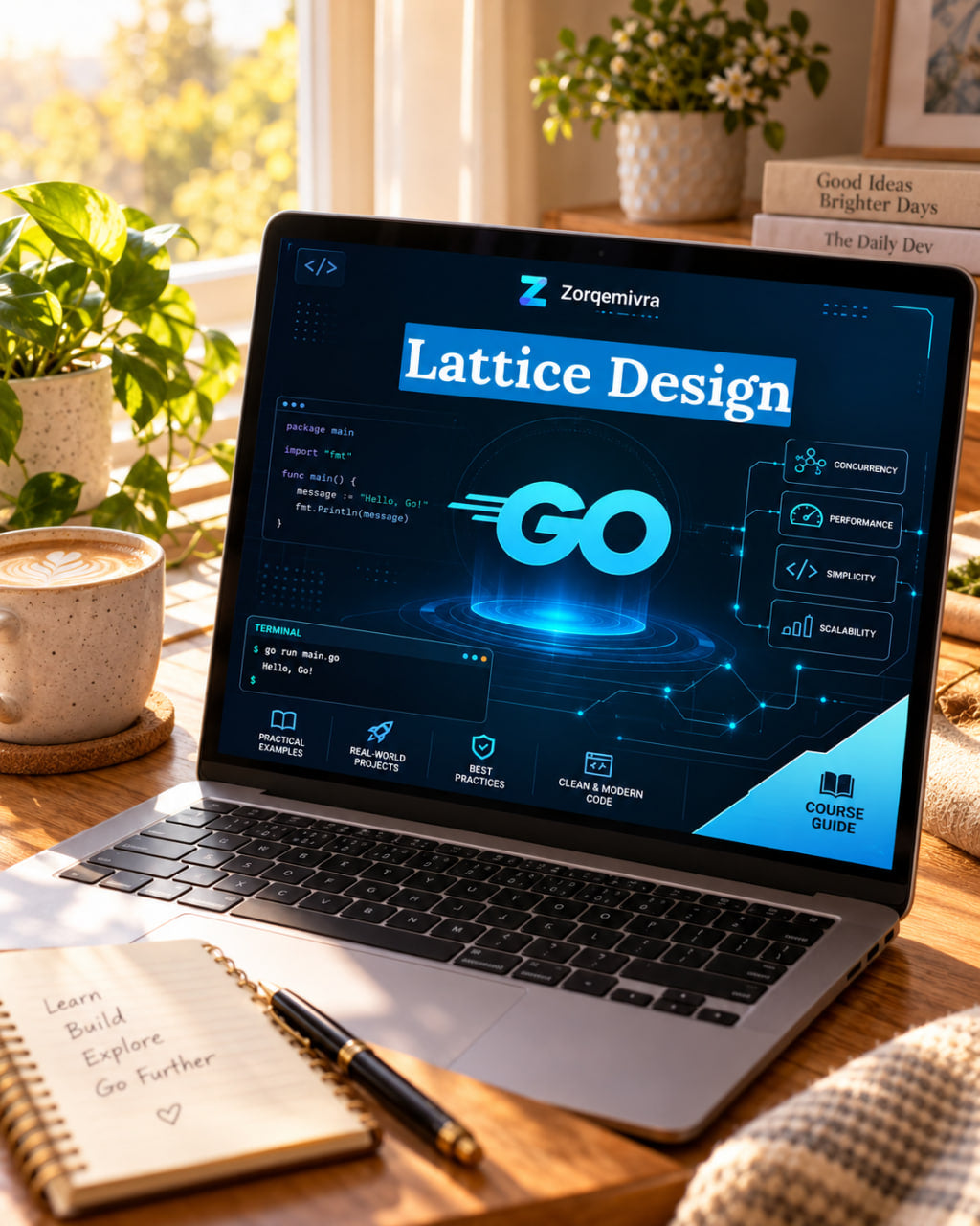 A laptop on a wooden desk displaying a digital course interface titled 'Lattice Design' by Zorqemivra. The scene is styled with a notebook, pen, potted plants, and a warm window background.