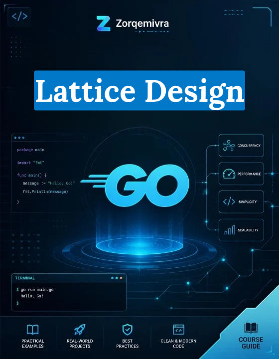 Digital cover graphic for a 'Lattice Design' course by Zorqemivra, featuring a dark blue and black futuristic theme with a glowing blue 'GO' logo, terminal code snippets, and key design principles.