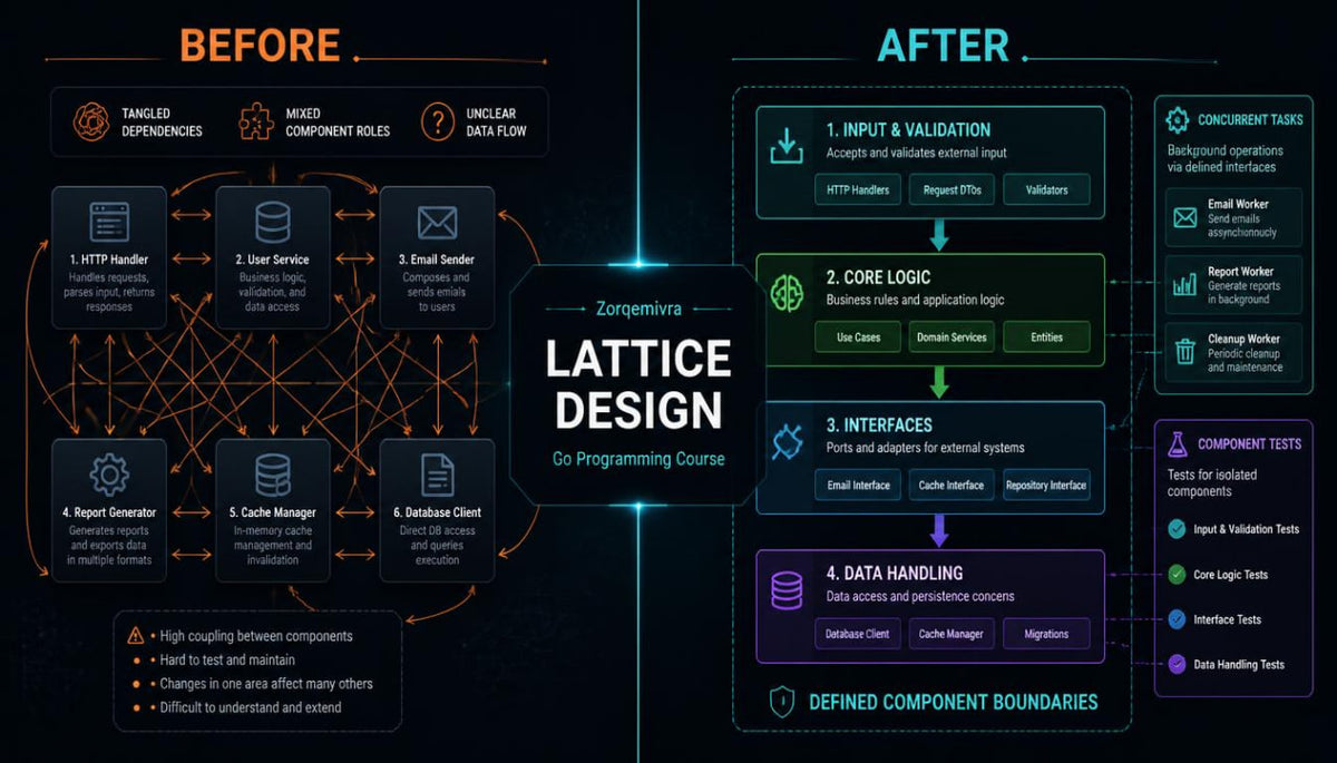A promotional infographic for a 'Lattice Design Go Programming Course' by Zorqemivra, comparing a tangled 'Before' state with a structured 'After' state using green, blue, and orange UI-style boxes on a dark background.