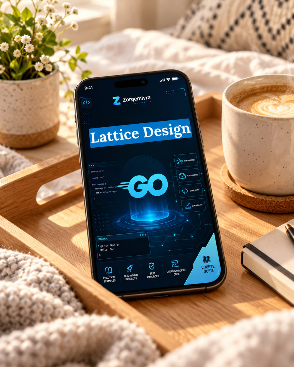 A smartphone lying on a wooden tray in a cozy indoor setting, displaying a blue app interface titled "Lattice Design" and "GO." The scene includes a cup of coffee, flowers, and a notebook, with soft warm lighting and a blurred background.