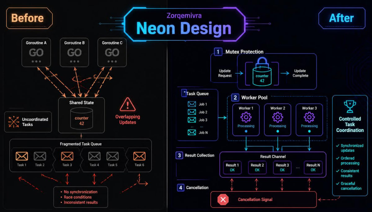 A black digital infographic comparing 'Before' and 'After' states of a job queue system, titled 'Zorqemivra Neon Design'. The left side ('Before') shows a shared state, concurrent tasks (A, B, C), and fragmented task queues with red arrows indicating issues.