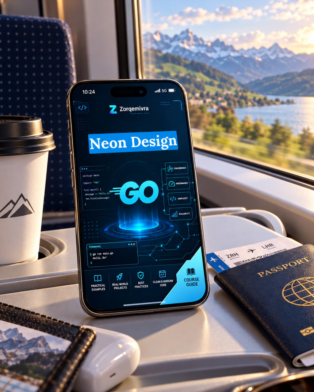 A smartphone displaying a neon blue digital interface labeled 'Neon Design' and 'GO' is placed on a train tray table beside a coffee cup, passport, earbuds, and a scenic mountain-and-lake window view.