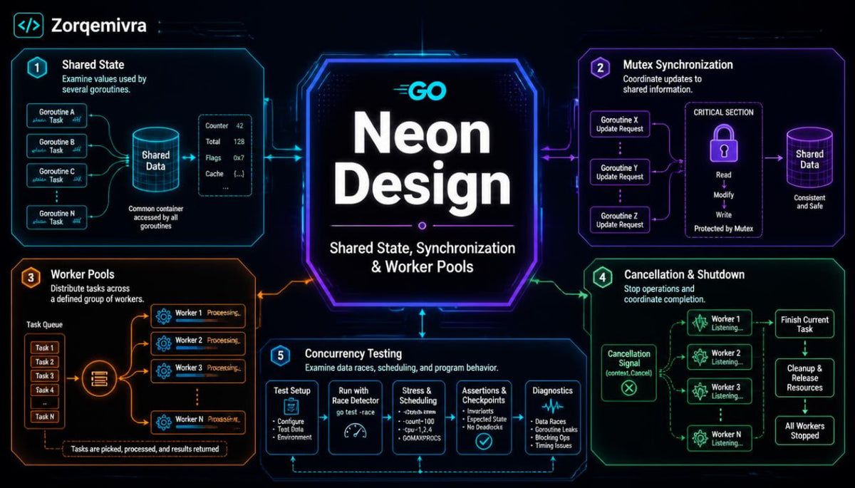 An infographic-style diagram titled 'Neon Design' with the GO logo, showing five labeled sections around a central neon hexagon: Shared State, Mutex Synchronization, Worker Pools, Concurrency Testing, and Cancellation & Shutdown. The layout uses glowing neon blue, purple, orange, and green lines and boxes on a dark background.