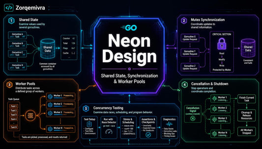 An infographic-style diagram titled 'Neon Design' with the GO logo, showing five labeled sections around a central neon hexagon: Shared State, Mutex Synchronization, Worker Pools, Concurrency Testing, and Cancellation & Shutdown. The layout uses glowing neon blue, purple, orange, and green lines and boxes on a dark background.