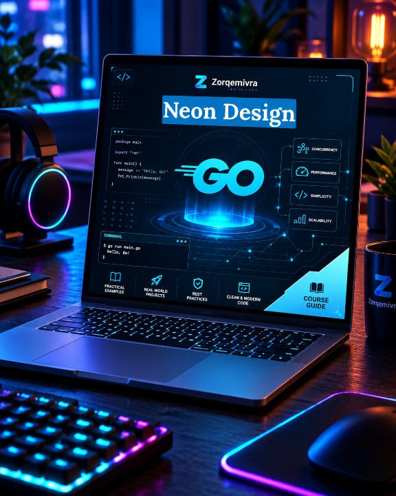 A laptop on a desk displaying a neon-themed digital course interface titled 'Neon Design' by Zorqemivra , surrounded by a glowing keyboard, mouse, headphones, and ambient RGB lighting in a dark, modern workspace.