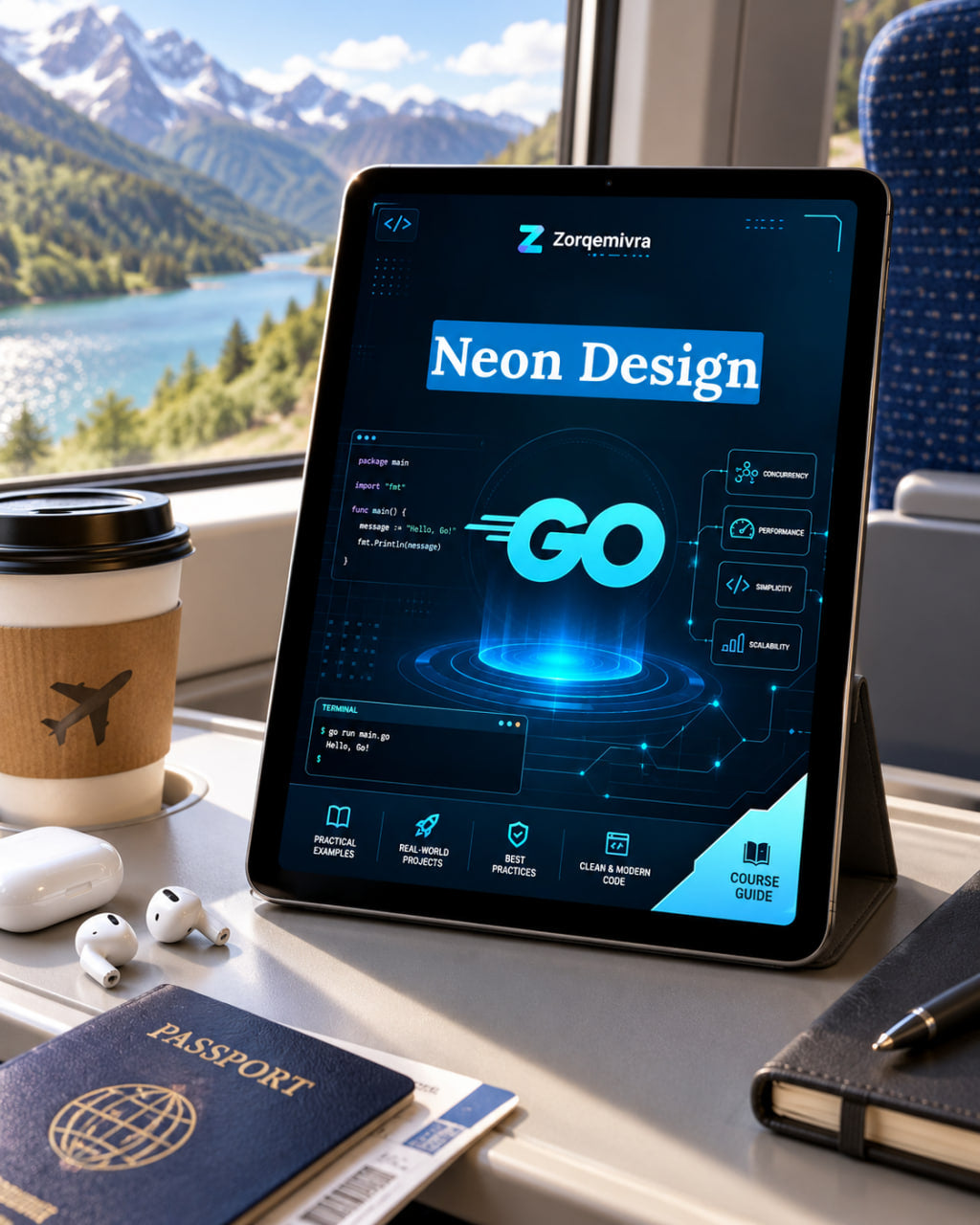 A tablet on a train seat stand displaying a futuristic digital dashboard titled 'Neon Design' in bright cyan and blue tones. A coffee cup, earbuds, a passport, and a notebook sit beside it, with a scenic mountain lake window in the background.