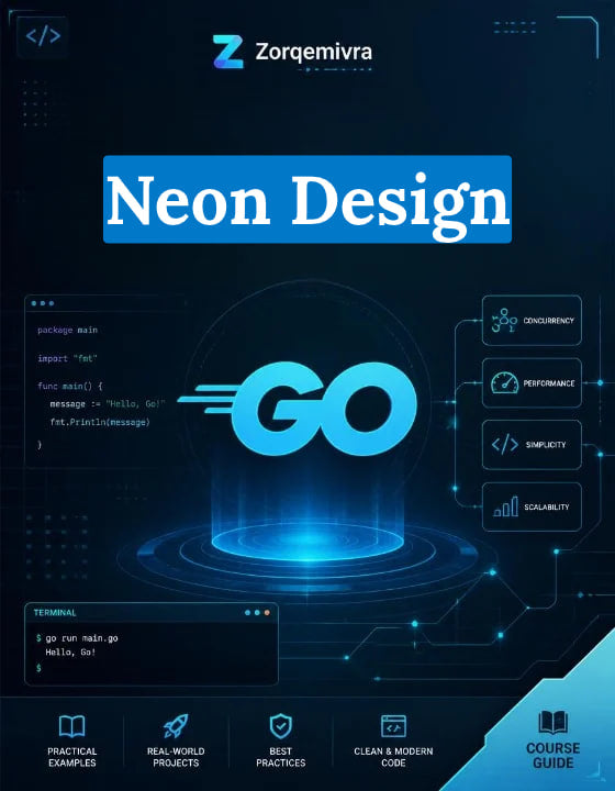 A digital cover or promotional graphic for a 'Neon Design' course by Zorqemivra, featuring a dark blue and black background with glowing neon blue and cyan text and interface-style graphics.