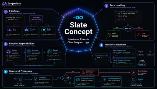 A dark-themed educational infographic titled 'Slate Concept Interfaces, Errors & Clear Program Logic' with the GO Stack logo. The diagram is divided into five numbered sections (1-5) detailing software design concepts like interfaces, error handling, function responsibilities, methods and receivers, and structured processing, connected by flow lines on a black background.