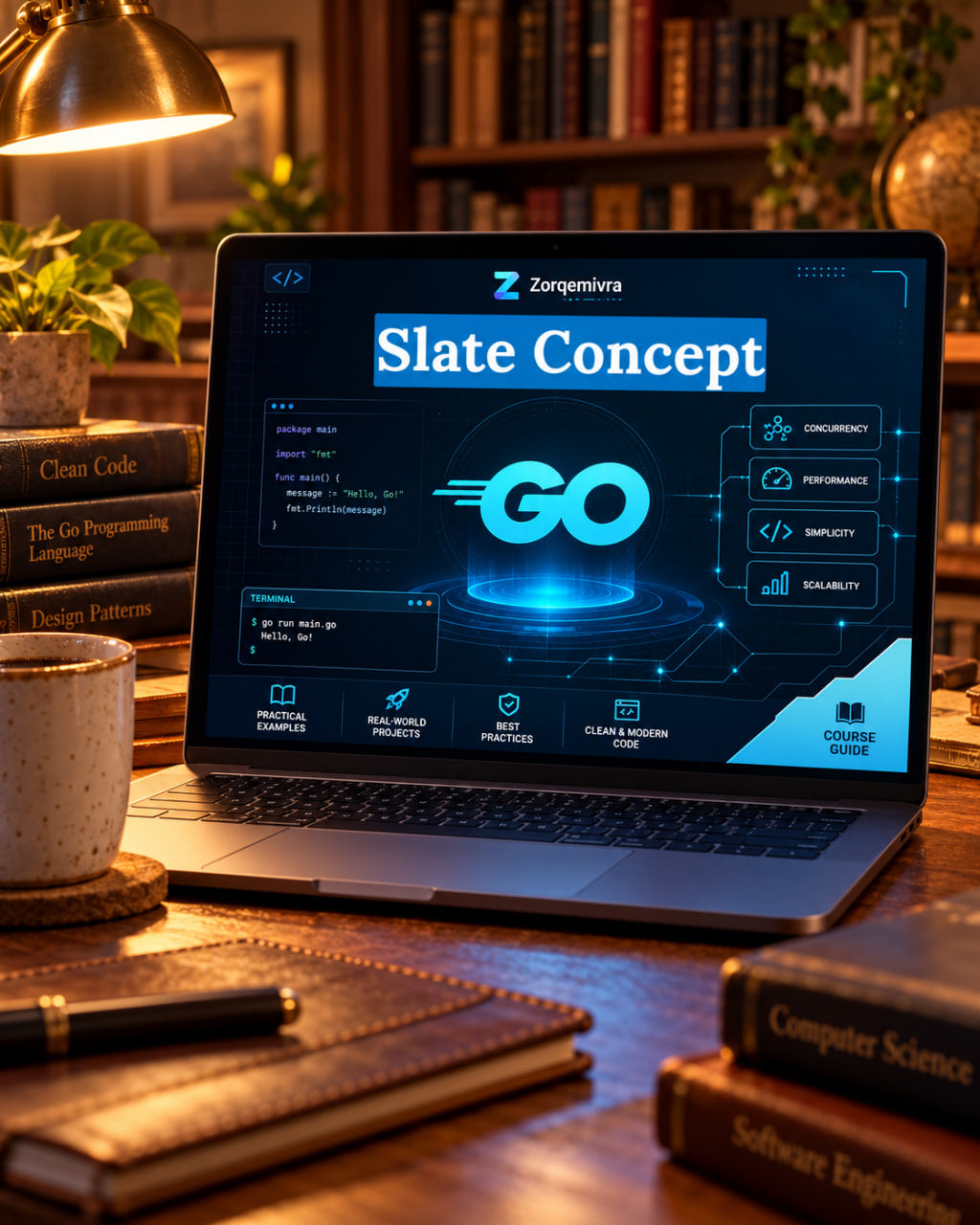 A laptop on a wooden desk displaying a digital course or guide titled 'Slate Concept' with a glowing blue 'GO' graphic. The scene is styled as a cozy study with a bookshelf, lamp, notebook, and books in the background.